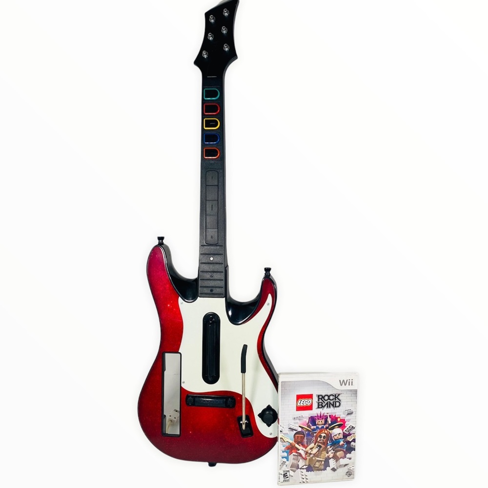 Wii Guitar Hero Wireless Controller Red White Starburst With Lego Rock Band Game